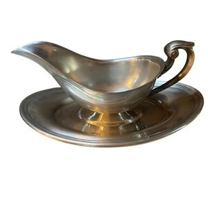 Vintage Pewter/Silverplate Gravy Boat with Attached Underplate Colonial MCM 80's
